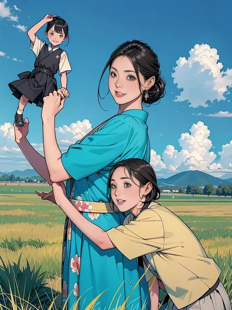 Double，Japanese Hairstyle，Photorealism，detailed，masterpiece，Little boys and little girls，child，Smile and hold hands，grassland，Blue sky，panoramic，Back to camera，Little，dwarf，Child，Boys and Girls，，
