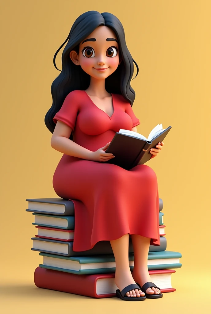 Comando: Create a 3D illustration of an animated Brazilian character sitting casually on top of "textbooks". The evangelical character, must wear a long red dress with sleeves, "with nothing in the ears and no ornaments around the neck," shoulder length ha...