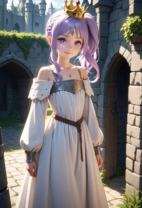 Young face, slim, girl, lilac hair, side ponytail, glowing skin, princess crown, purple eyes, long white dress, flat chest, medieval, gentle smile, standing, sunlight, sparkling, castle 