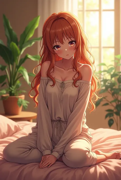 (photorealism:1.2), mami nanami, sitting on bed, wearing loose off-shoulder top, pajama pants, long curly hair, indoors, soft lighting, plants in background, window with sunlight, cozy room, relaxed pose, realistic, intricate details, warm colors, by Zato1