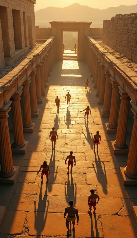 A sweeping aerial shot of a sun-drenched Greek gymnasium, athletes training vigorously, their bodies glistening with oil and sweat, the rugged ancient architecture in the background.