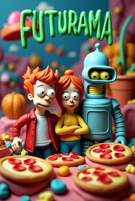 Affiche. (Poster titled in green : futurama). Fry, Leela and Bender in Play-Doh. high quality. Nombreux détails et objets époustouflants. Colorful and detailed background. Flying saucer. pizzas. Modeling clay. Granuleux. 