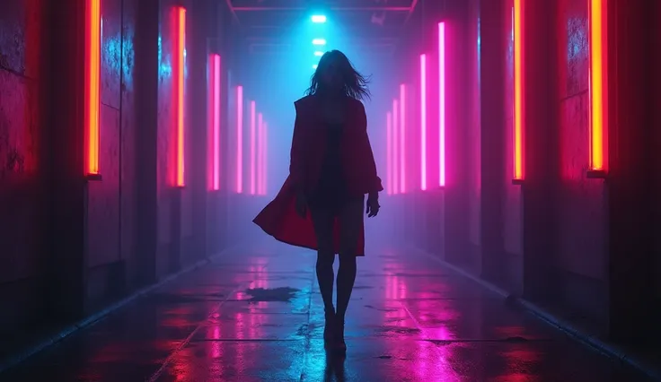 (masterpiece, best quality:1.2), (8K HD, ultra-realistic, hyper-detailed:1.3), the same determined woman from the previous scene, walking through the dark, her silhouette sharply defined. She is illuminated by vibrant, colorful neon lights that pierce thro...