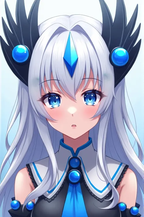 Japanese anime style，Blue Eyes，White long hair，M-shaped bangs，Girl，There are two head ornaments on the top of the head that resemble upward arrows.，There is a blue round bead in the middle of each headdress.