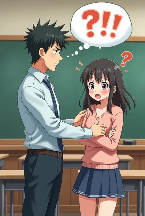 The male teacher grabbed the shoulder of the girl who looked slightly worried. Anime funny