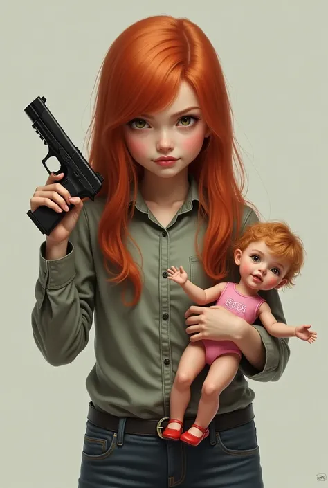 a female child, with long red hair. In the left hand, she holds a toy doll, and in his right hand a pistol.