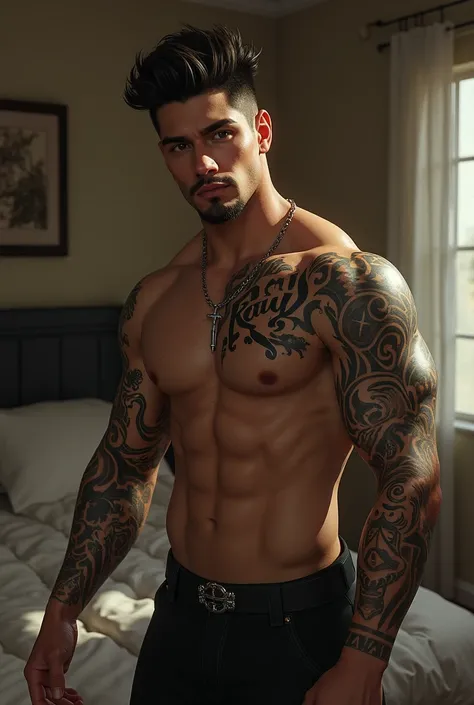 AI design drawing a young muscular man with goatee with “ruy” tattoo and other tattoos bedroom background
