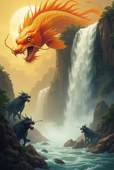 The Chinese myth of the carp in the yellow river of he bo the waterfall with demons and the golden dragon at the top 