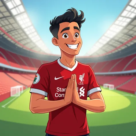 Handsome young man smiles in Disney style, bows in Thai style and wears a Liverpool shirt. Standing in cartoon style. High quality dynamic photo, detailed and colorful. Realistic and colorful poses. Background is Andfield Stadium.