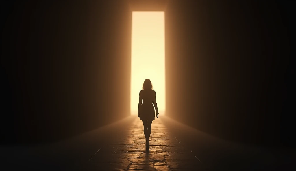 (masterpiece, best quality:1.2), (8K HD, ultra-realistic, hyper-detailed:1.3), a determined woman walking alone towards a distant, bright light. She is seen from behind, her posture strong and confident, symbolizing her resolve to take control of her futur...