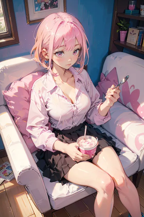 1girl,solo,cute,((pink hair)),eat a yogurt,yoghurt,spoon,in living room,sitting a chair,shirt and skirt,bigbreast,cleavage,at morning