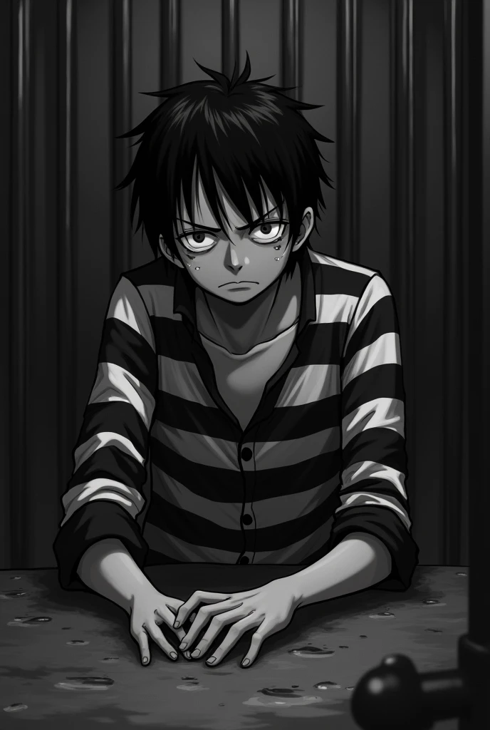 Monkey D. Luffy in a black and white striped long sleeve prison uniform with teary eyes inside a jail lying on the floor