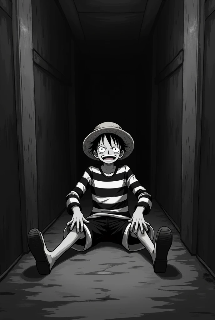 Monkey D. Luffy in a black and white striped long sleeve prison uniform with teary eyes inside a jail lying on the floor