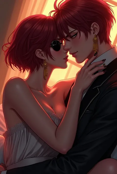 a man,handsome,dark eyepatch on right side,no bangs,dark red hair color,very short bob hair,double-edged eyelid,smart,gold tassel earrings,cool,during making love,kissing deeply