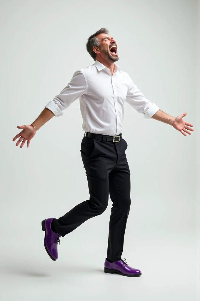 Create a image in which a man wearing purple colour shoes and screaming with joy