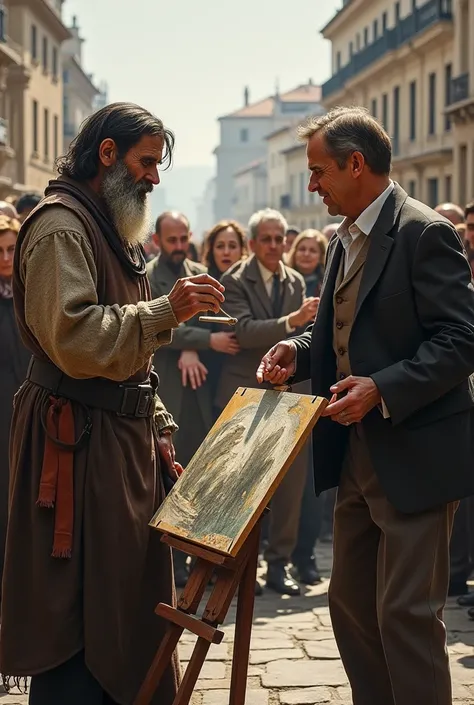 A man dressed as a beggar painting a picture and in front of him a man being applauded and receiving money 