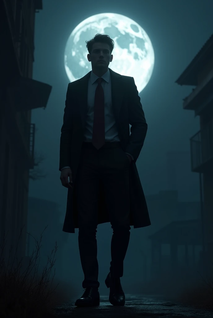 A man in a suit pants with a dark moon 