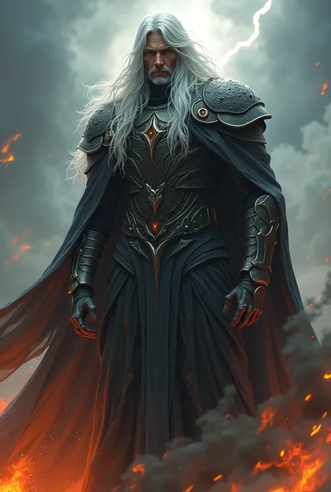  is a tall, imposing figure with a commanding presence. He has long, flowing silver hair that contrasts sharply with his deep-set, storm-gray eyes, which seem to reflect the chaos he can unleash. His attire is a mix of regal and battle-hardened, wearing a ...