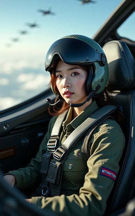 Ultra-high resolution，High-resolution details，Photo real, , (1 Korean female pilot，Super beautiful，Super white skin，Super white face), (Wearing pilot camouflage uniform，Wearing a pilot helmet), Military fighter，Female fighter pilot，Sitting in the cockpit o...