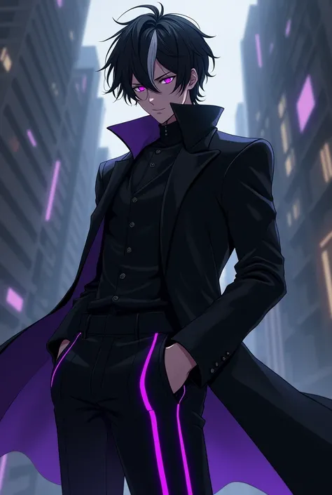 A handsome black anime character with black hair and a white stripe on it wearing a long, cool black coat and wearing A long dark day pants with purple glowing stripes on and wearing boots