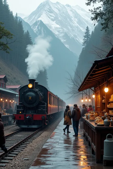 railway station on himalayan side with few passengers in raining having few tea stalls. Old Train arrived. Passengers are purchasing some food from stalls.