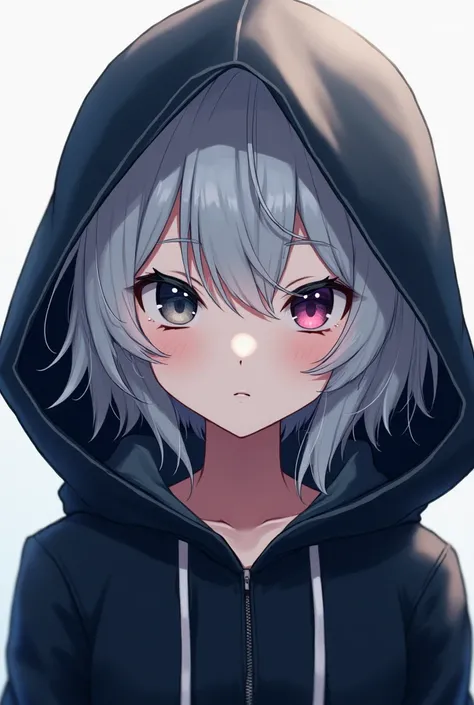 High resolution, Shortcuts, Silver Hair, Odd Eye, Expressionless, Simple Background, Hood worn, Anime Style, 