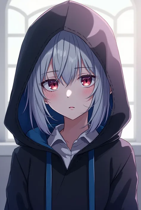 High resolution, Shortcuts, Silver Hair, Odd Eye, Expressionless, Simple Background, Hood worn, Anime Style, 