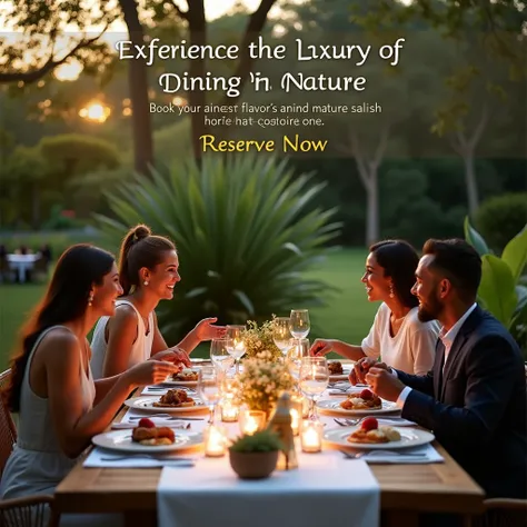 "An elegant outdoor dining scene at a villas garden during the early evening. The setting features a long wooden table beautifully set with white linen tablecloths, fine china, sparkling crystal glasses, and polished silver cutlery. Candles and small flora...