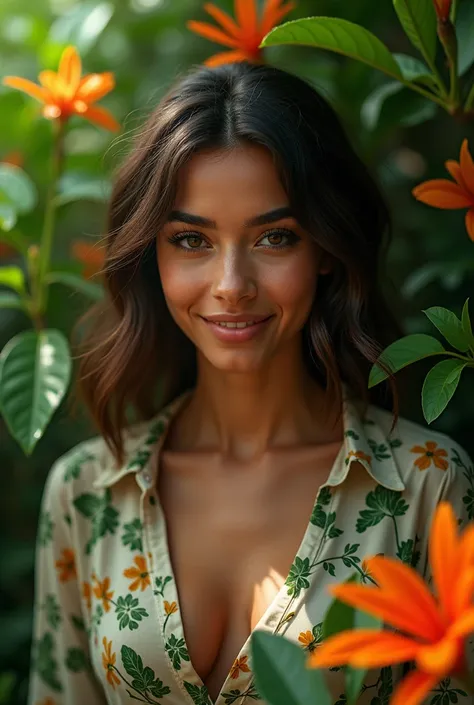 A Brazilian woman in a lush tropical garden, wearing an open shirt with a floral print, with a close-up capturing the harmonious beauty between her breasts and the natural flowers, showing off your natural charm and outgoing personality.