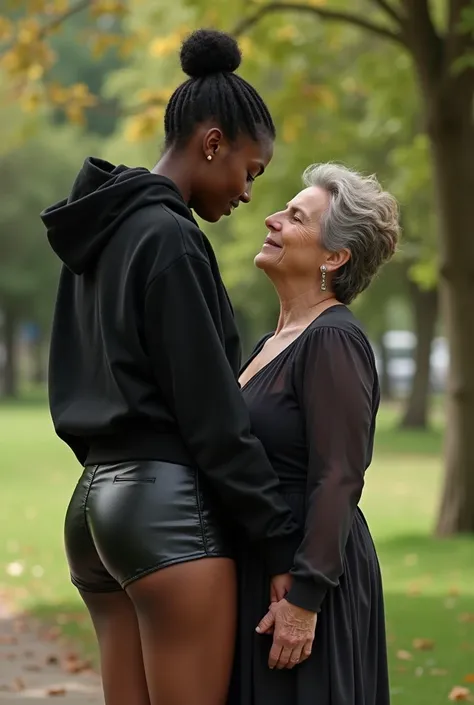 black woman hair in a bun black hoodie black leather short shorts bending over getting fucked in the ass by a old ugly woman in a dress in a park
