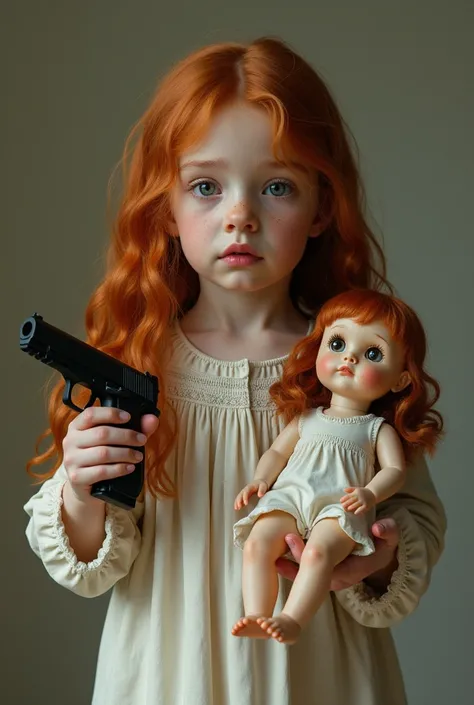 an innocent female child, with long red hair. Holding a toy doll in her left hand, and in his right hand a pistol.