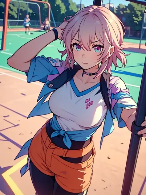 (Marsh 7th), 1girl, as an athlete, wearing sport t-shirt and pants, at a playground , pink colour short hair, 8k, high detailed, high quality