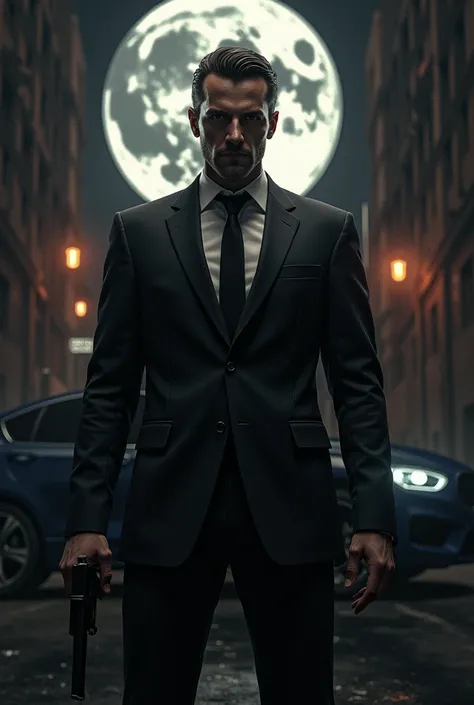 A man in a suit with a dark moon, a mafia kbinos, a city weapon, a pistol . Let&#39;s say there is a car behind the realistic one