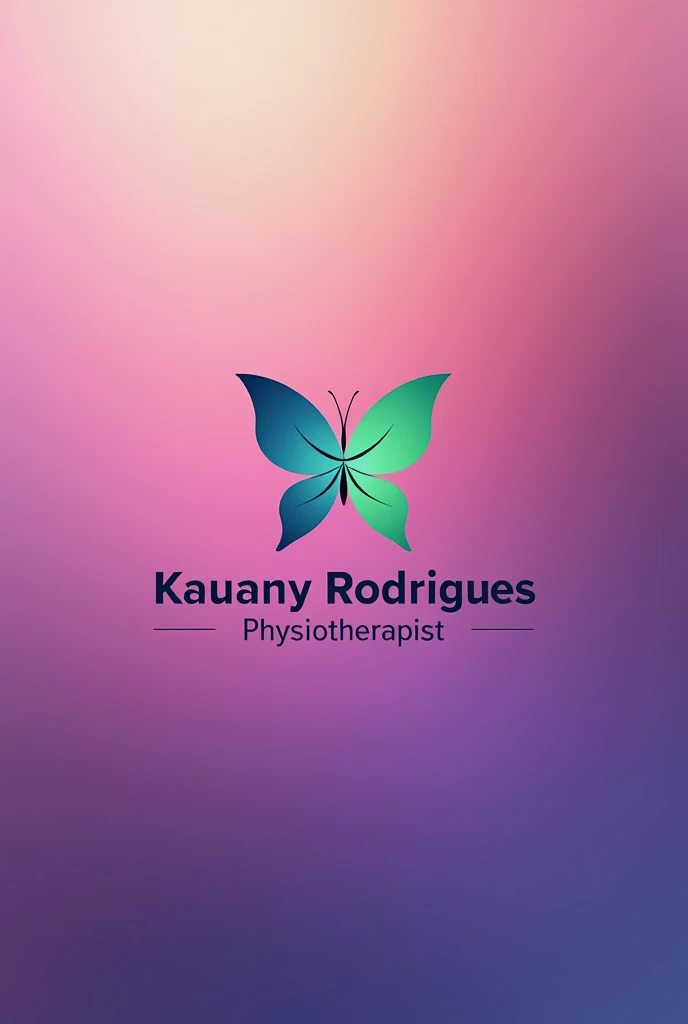 Logo with Kauany Rodrigues physiotherapist written minimalist with pink gradient, purple and green, and with the K with butterfly 