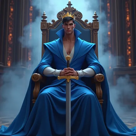 Create a disney prince animated avtar full body image where a man wearing blue luxury princess dress and sitting on king size chair with crown 👑, hes holding a sword in his hand, there is smoke in background a shadow. Make her name visible and clear In bac...