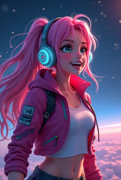 vtuber space short cut white energetic cheerful headphones girl