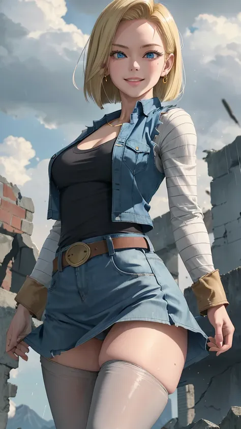 best quality, highres, and18, 1girl, android 18, solo girl, 1girl, blonde hair, blue eyes, belt, boots, tight blue demin skirt, gold_necklace, black shirt, short hair, long striped sleeves, earrings, open vest, denim vest, small breasts, cowboy shot, mount...