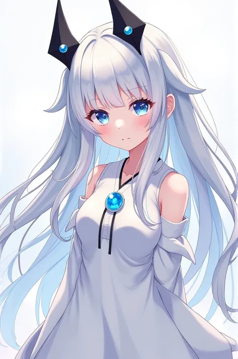 A Japanese anime style girl with long white hair，Hairstyle is M-shaped bangs，She has two black headdresses on her head that resemble upward arrows.，There is a blue round bead in the middle of each headdress.，Has blue eyes，Wearing a short white dress