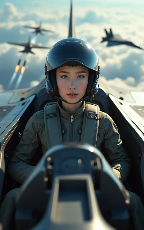 Ultra-high resolution，High-resolution details，Photo real, , (1 Korean female pilot，Super beautiful，Super white skin，Super white face), (Wearing pilot camouflage uniform，Wearing a pilot helmet), Military fighter，Female fighter pilot，Sitting in the cockpit o...