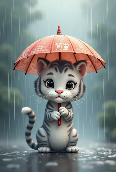 a pure gray tiger,Holding an umbrella in the heavy rain,cute style,Background rainy day,Chinese style,Realistic and cute