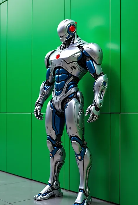 Create a realistic image of the Marvel cyborg(silver and blue armor, left eye cyborg red circular, part of the head alsocyborg),  de corpo inteiro,  put a green wall in the background