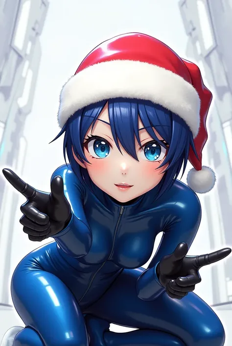 1girl, anime, blue hair, latex suit, standing, cute face, santa hat, kigurumi mask, on all fours, hands pointing, shiny, sweat, glossiness, metallic sheen, best quality, 4k, 8k, highres, masterpiece:1.2, ultra-detailed, realistic, photorealistic:1.37, HDR,...