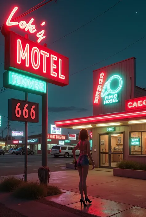 ((masterpiece, highest quality, Highest image quality, High resolution, photorealistic, Raw photo, 8K)), arafed view of a motel with a car parked in front of it, with neon signs, A woman waiting for a guest in front of a motel, seduction, short dress with ...