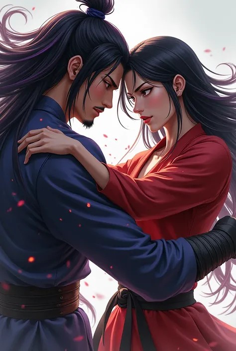 a beautiful woman with black straight hair with red strands passionately fight in sparring a man with a head higher than her, a warrior, with black hair with violet strands, they are both beautiful without beard they are warriors