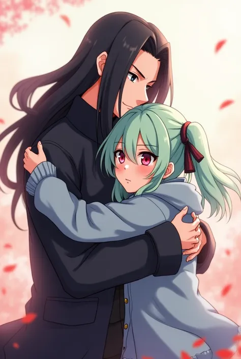 Itachi Uchiha with Miku Nakano from the Quintessential Quintuplets hug in anime style 
