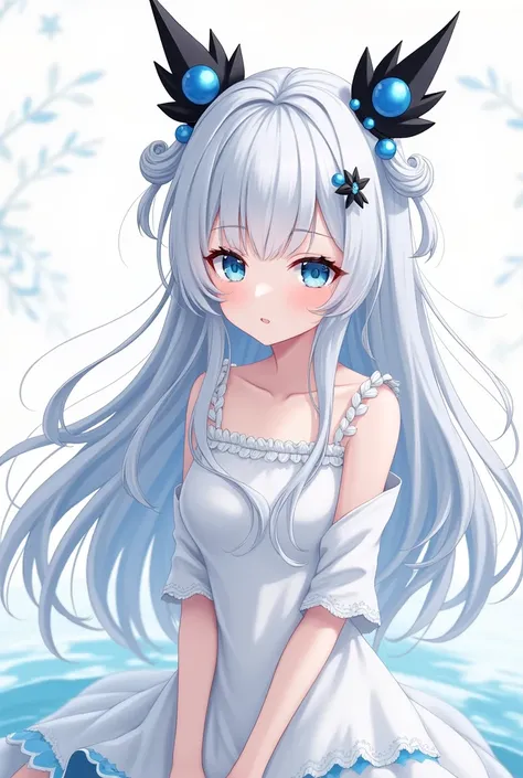 A Japanese anime style girl with long white hair，Hairstyle is M-shaped bangs，She has two black headdresses on her head that resemble upward arrows.，There is a blue round bead in the middle of each headdress.，Has blue eyes，Wearing a short white dress