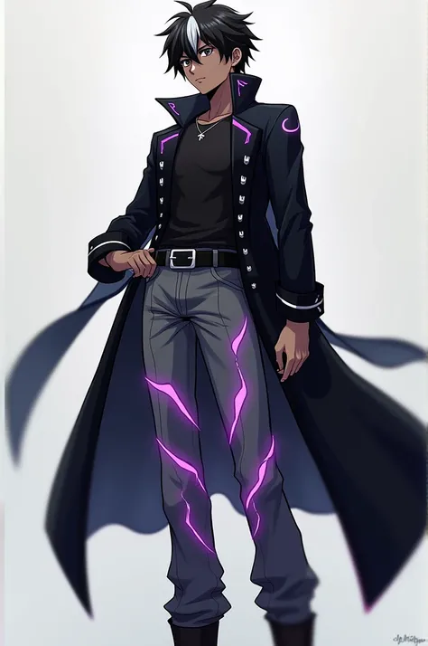 A sexy, handsome, black skin anime character Black hair with a white stripe on it wearing a long, cool black coat and wearing a long gray pants with purple glowing stripes and wearing boots