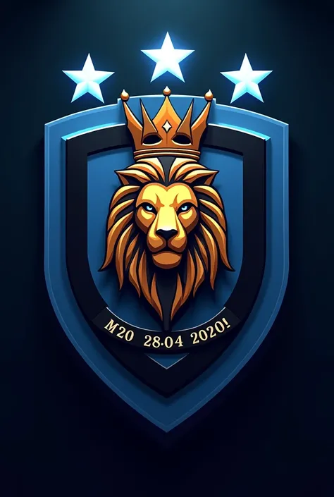 Create a team shield with the name Inter de Melo,put the date of foundation 28/04/2024,lion with crown,3 stars,blue and black
