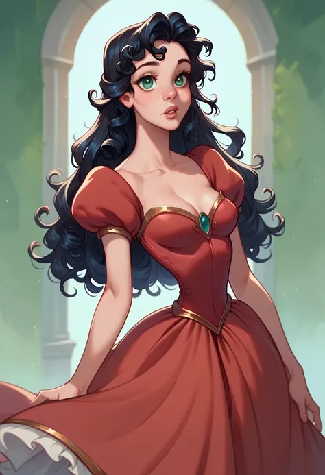 One girl, black hair, light green eyes, curly hair, eyelashes, freckless, medium breasts, detailed eyes, detailed lips, princess dress, red dress