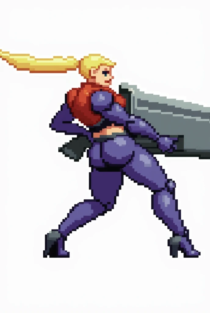 Woman in violet suit, blonde pony tail hair cut blonde, holding a huge weapon, pixel art style 16bit